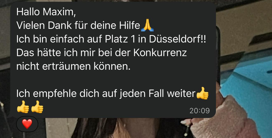 WhatsApp-Nachricht von Mirkan Tas: Ich bin einfach auf Platz 1 in Düsseldorf. Das hätte ich mir bei der Konkurrenz nicht erträumen können.